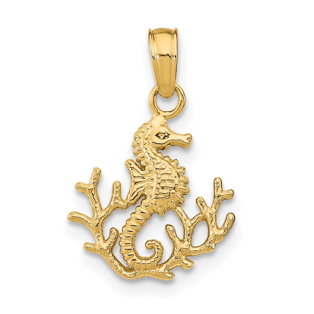 14k Yellow Gold Nautical Textured Mini Seahorse & Coral Necklace Charm Pendant
